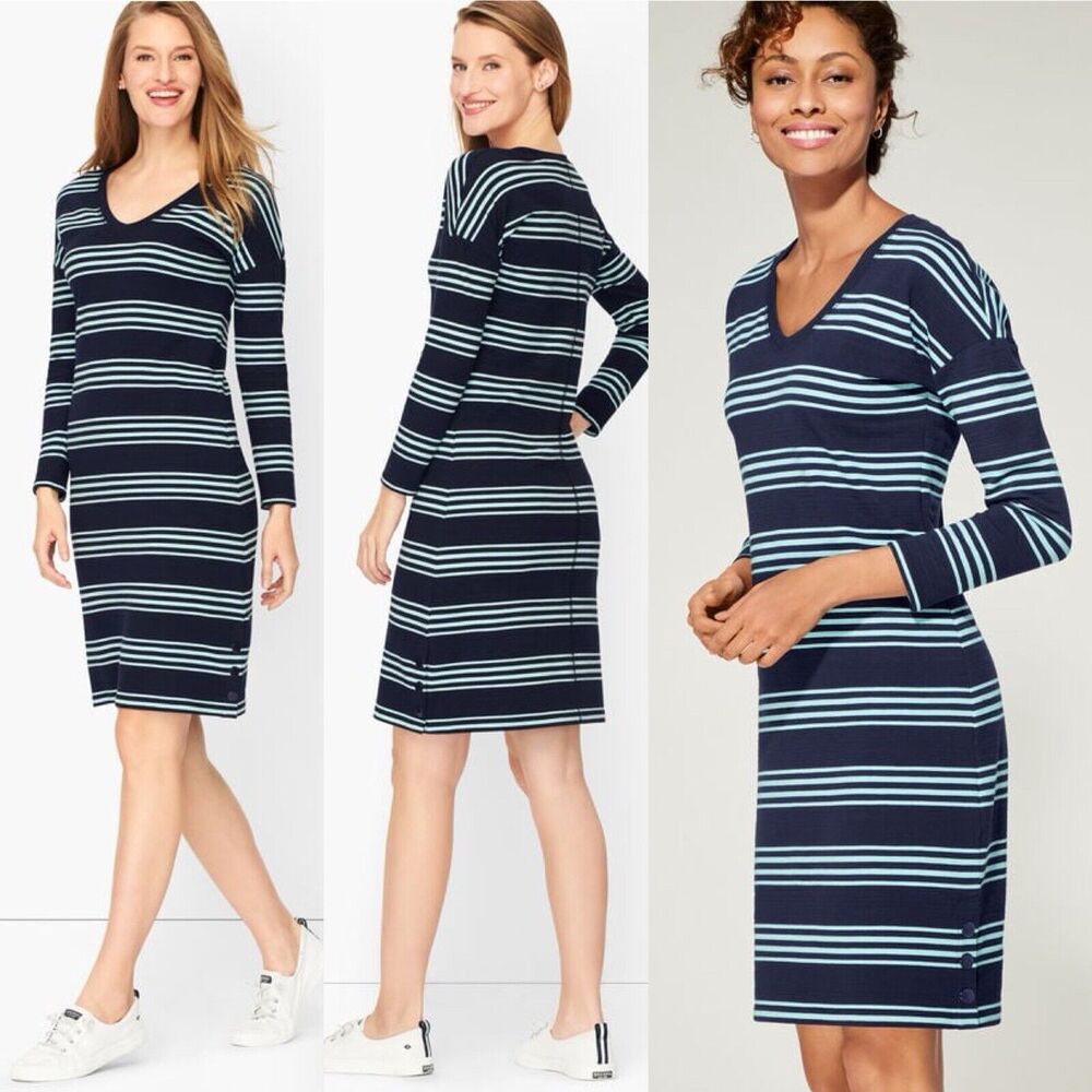 T By Talbots Womens Striped Dress M Navy‎ Aqua Comfy Preppy Nautical Sporty Chic
